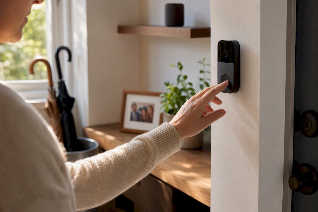Hand adjusting smart home assistant with doorbell camera in background