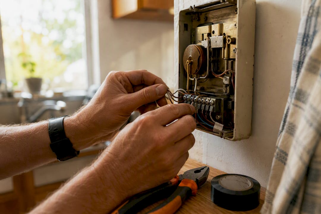 Hands rewiring mechanical doorbell chime