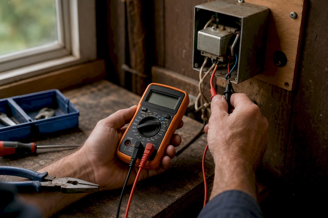 Electrician testing doorbell transformer voltage