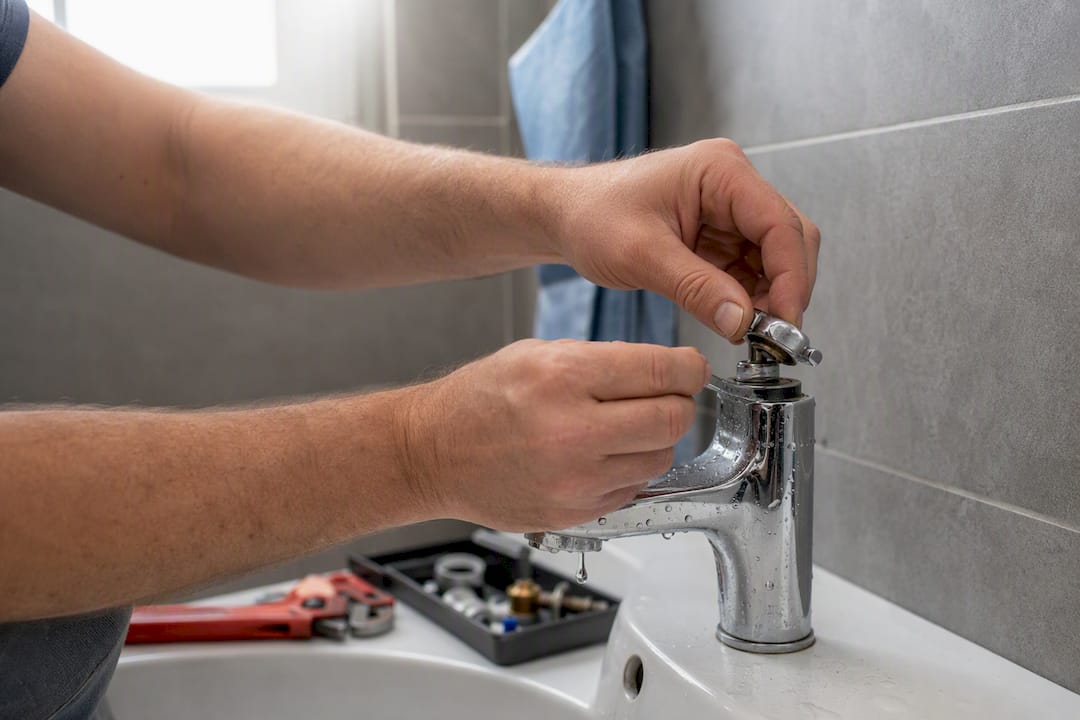 Hands repairing faucet handle with tools