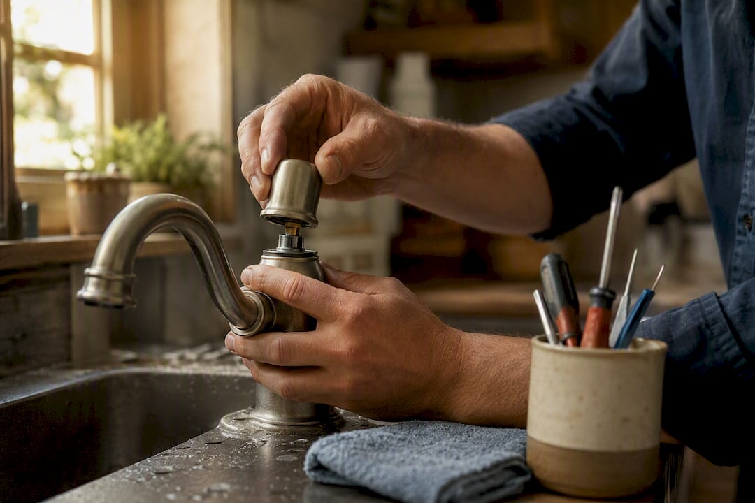 Hands carefully removing faucet handle