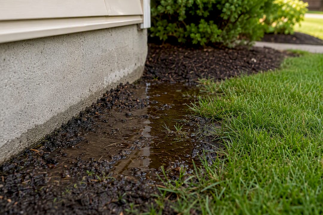 Saturated soil beside a home foundation