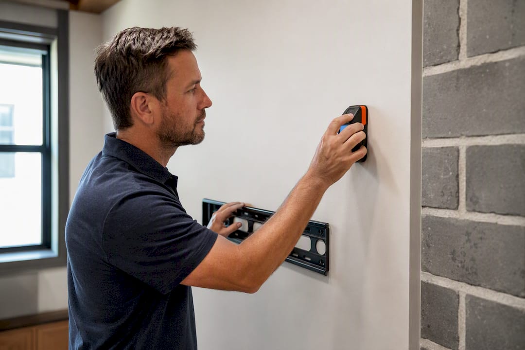 Technician checking wall anchors before mounting