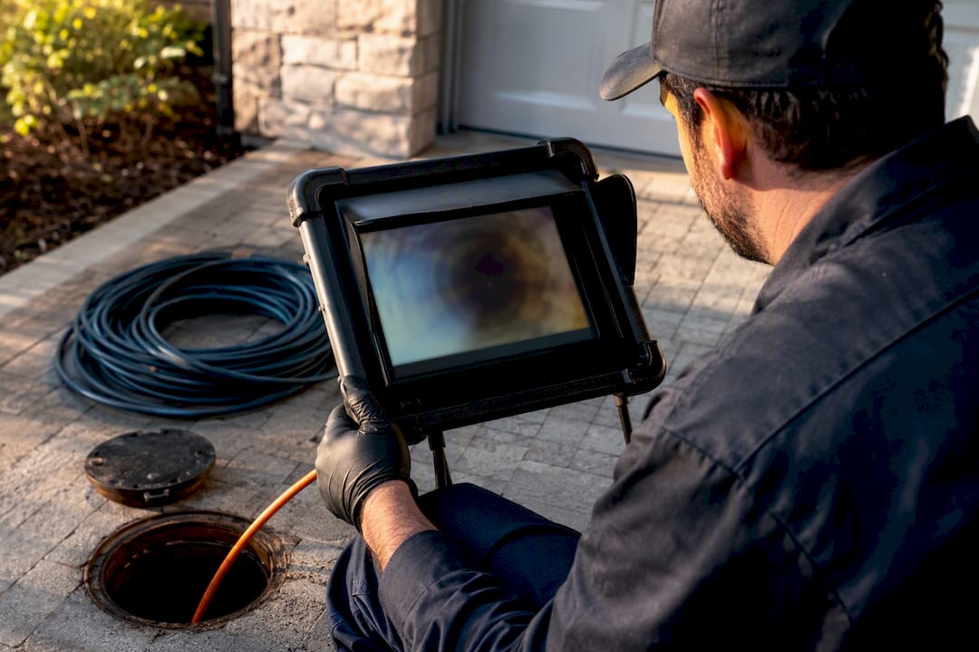 Technician reviewing sewer camera footage