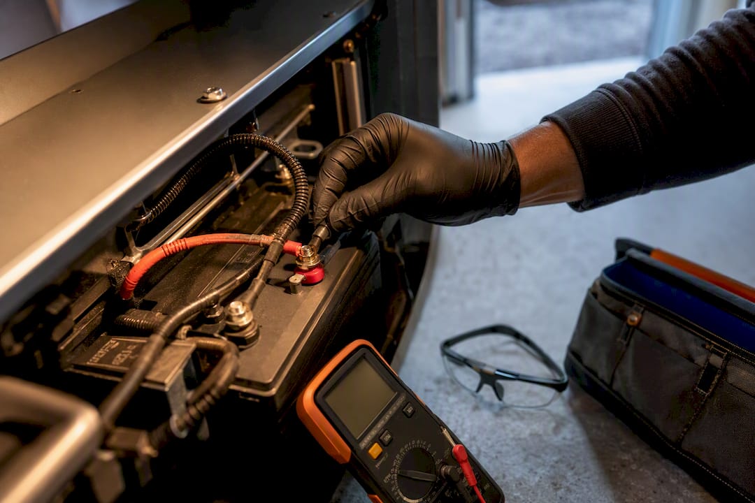 Technician checking generator battery and wiring