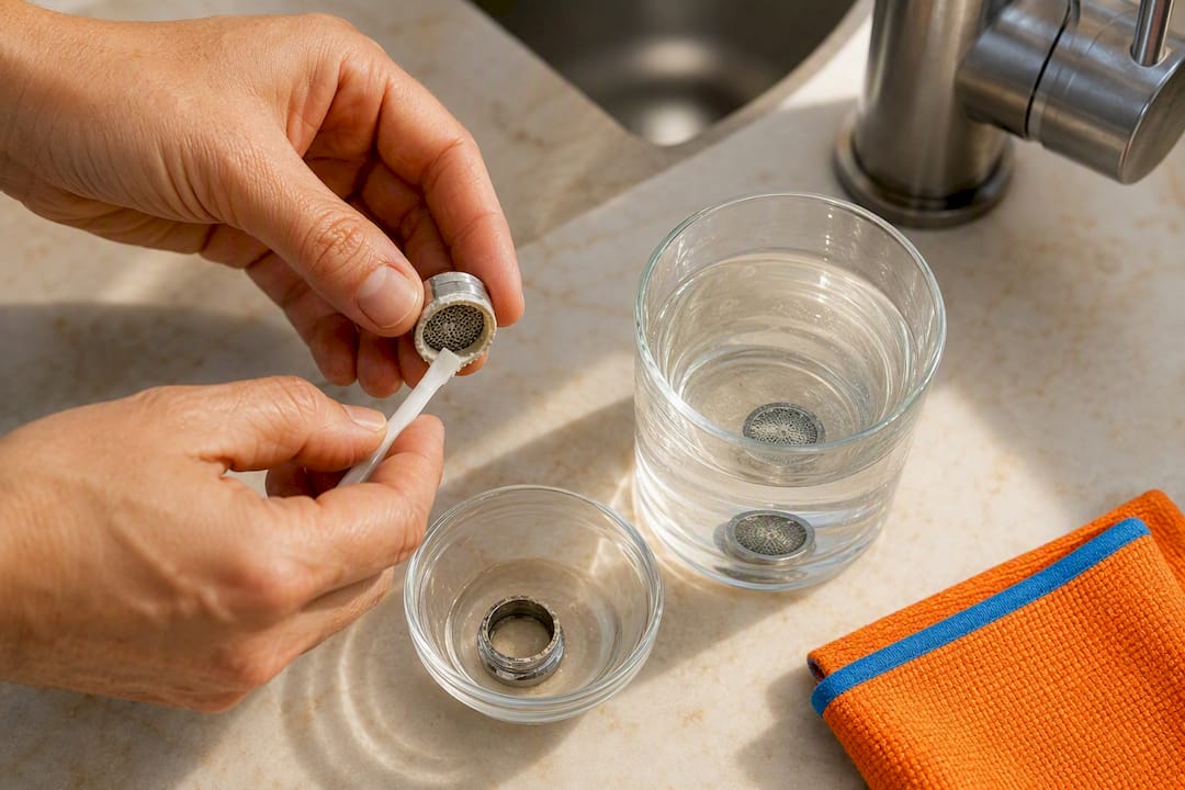 Faucet aerator soaking in vinegar