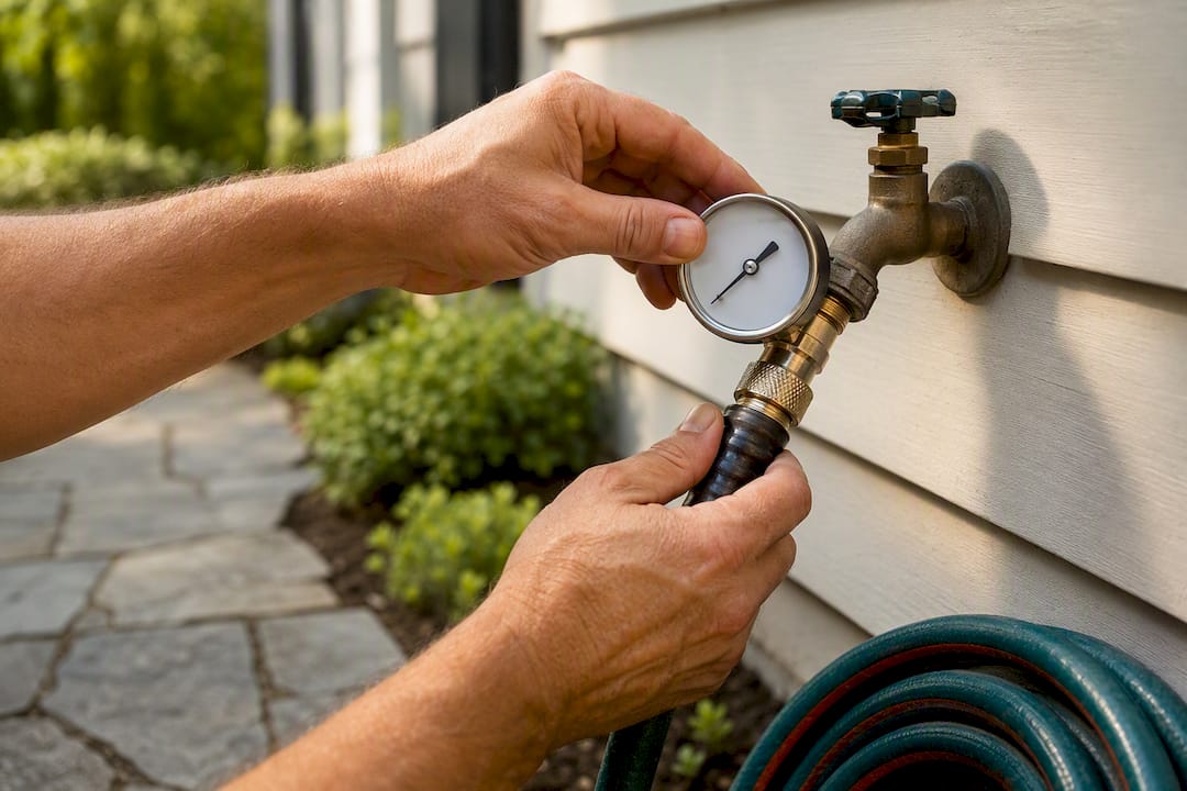 Pressure gauge attached to outdoor spigot
