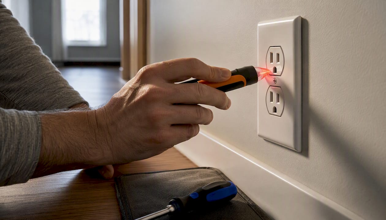 Hands testing a dead wall outlet safely
