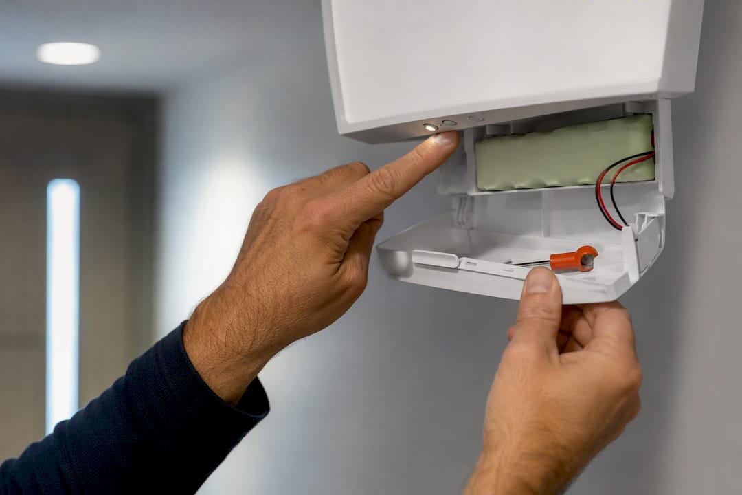 Technician testing emergency light fixture