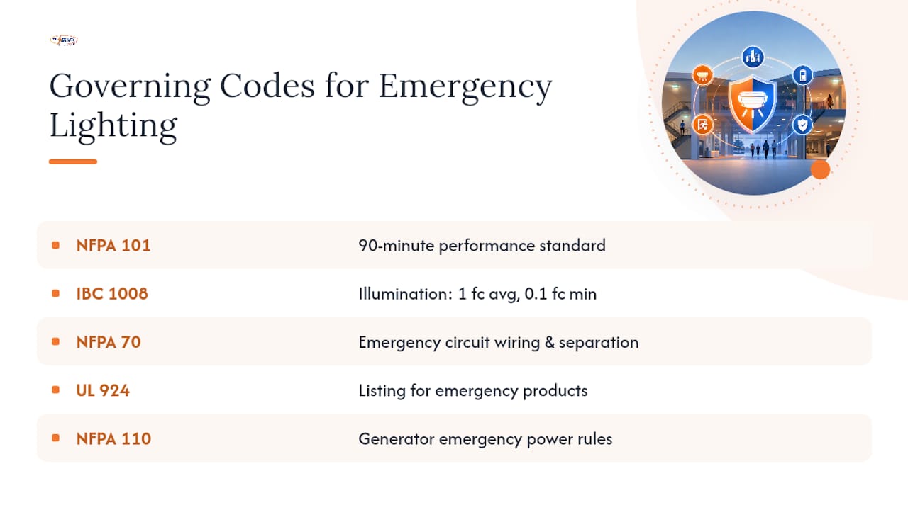Five codes governing emergency lighting