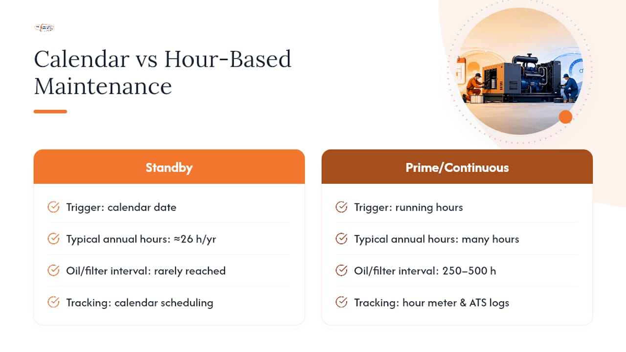Calendar versus running-hour generator maintenance comparison