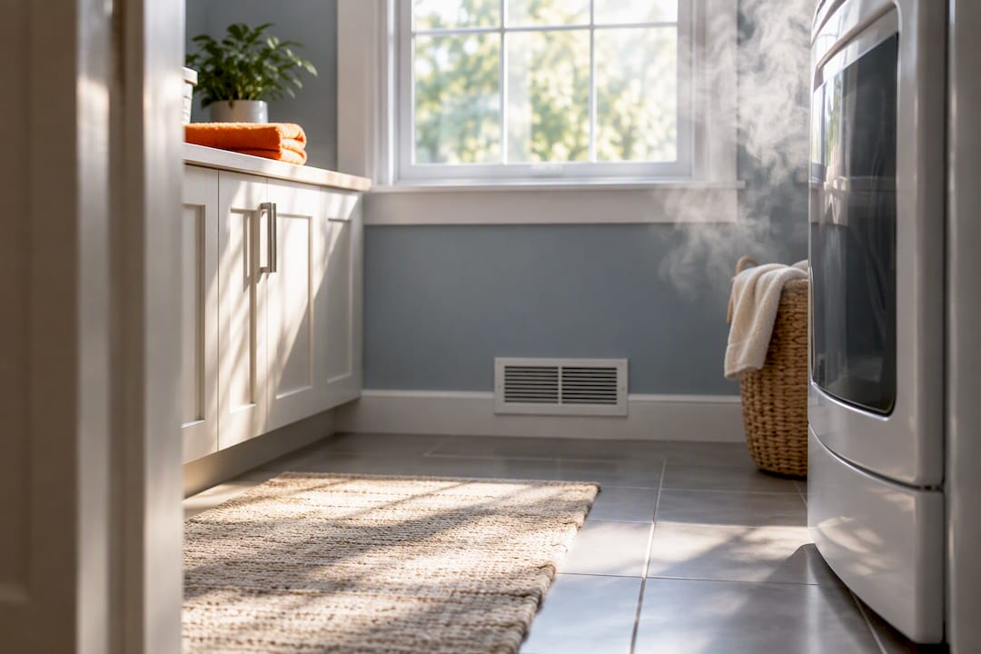 Steamy laundry area beside gas dryer