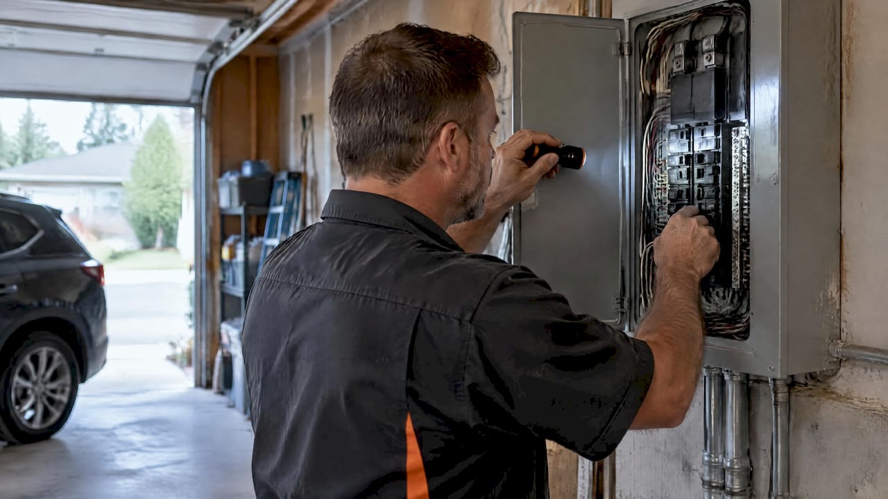 Electrician inspecting detached garage subpanel