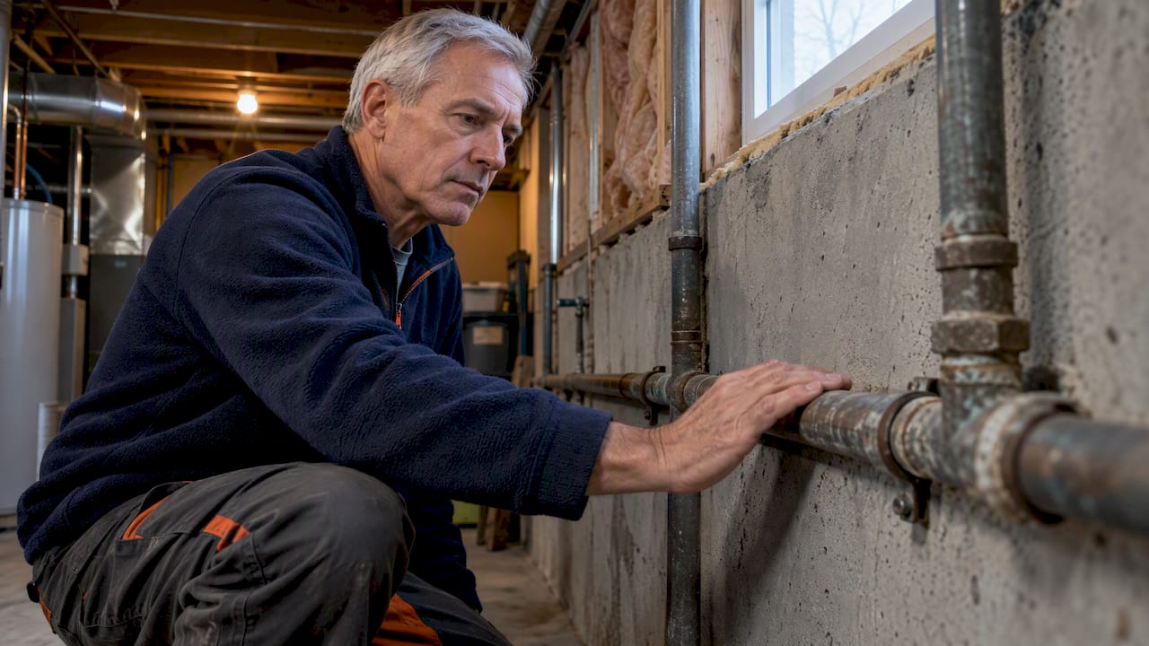 Hand checking an exposed basement water pipe