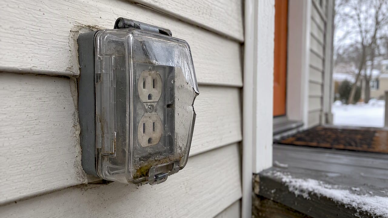 Cracked weatherproof cover on outdoor receptacle