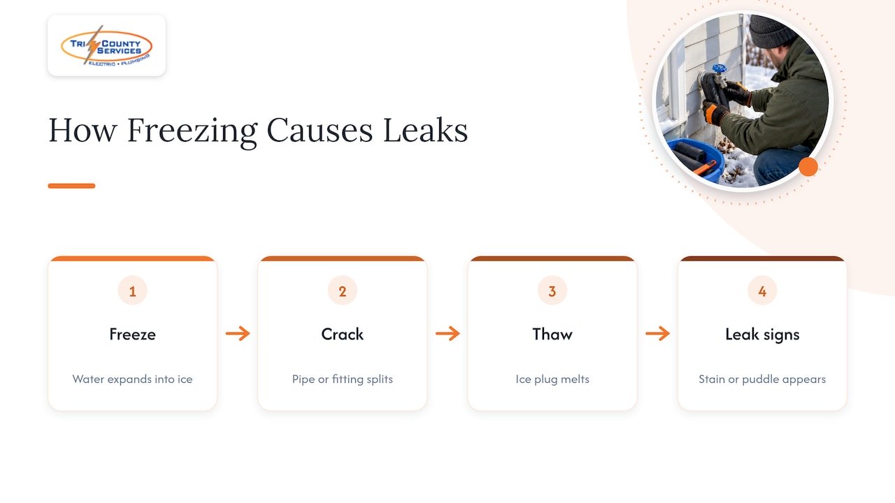 Why a hose bib freezes and splits — overview diagram