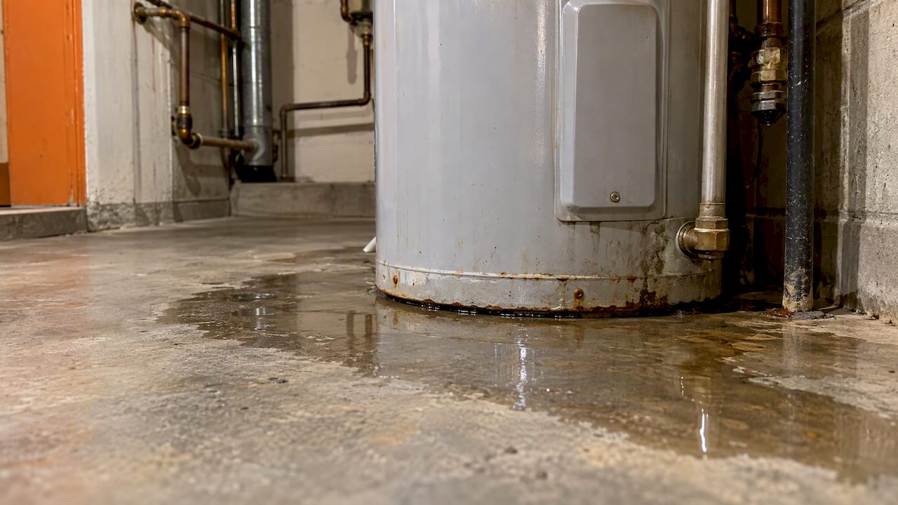 Water pooled at the base of a tank heater